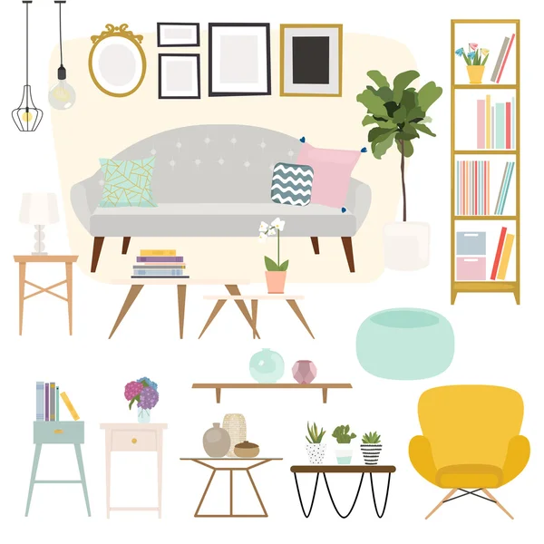 Salón. Muebles y accesorios para el hogar — Vector de stock