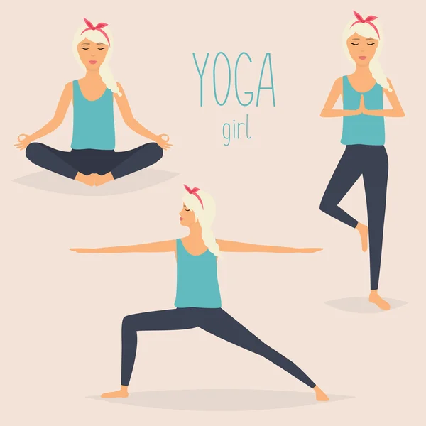 Set con mujer en varias poses de yoga — Vector de stock