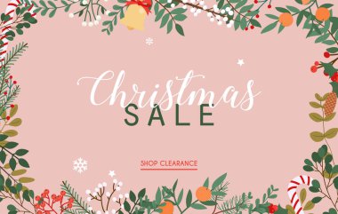 Noel indirimi afişi. Arka planda kış yaprakları var. Düz tasarım modern vektör illüstrasyon kavramı.