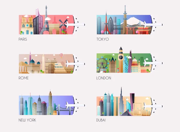 Landscape Template Vector Global Travel Destinations Icon Set — Stock Vector
