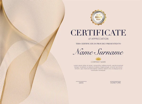 Certificaat Sjabloon Met Gouden Decoratie Element Afstuderen Ontwerpdiploma Onderscheiding Vectorillustratie — Stockvector