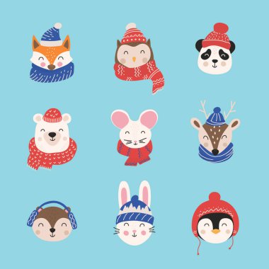 Noel şapkalı ve eşarplı şirin hayvanlar. Mutlu noeller. El çizimi karakterler. Vektör illüstrasyonu.