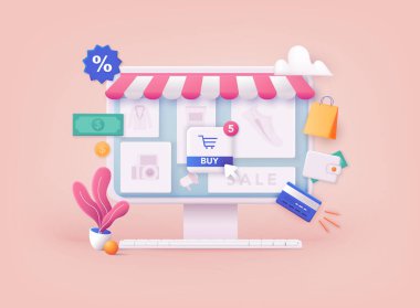 3D Web Vektör Resimleri. Çevrimiçi alışveriş. Grafiksel öğeler, işaretler, semboller tasarla. Mobil pazarlama ve dijital pazarlama.