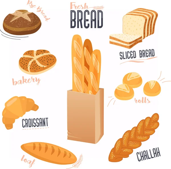 Set Med Tecknad Mat Bröd Bullar Croissant Bröd Vektorillustration Isolerad — Stock vektor