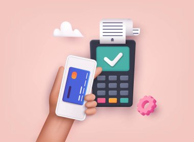 3D Web Vektör Resimleri. Temassız ödeme. Yakın alan iletişimi ödeme terminali konsepti. Çevrimiçi işlemler, maaş kartı ve NFC.