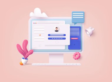 3D Web Vektör Resimleri. Bilgisayar ve hesap girişi ve parola formu ekranda. Hesap, kullanıcı yetkilendirmesi, giriş doğrulama sayfası konseptini imzalayın. Kullanıcı adı, parola alanları.