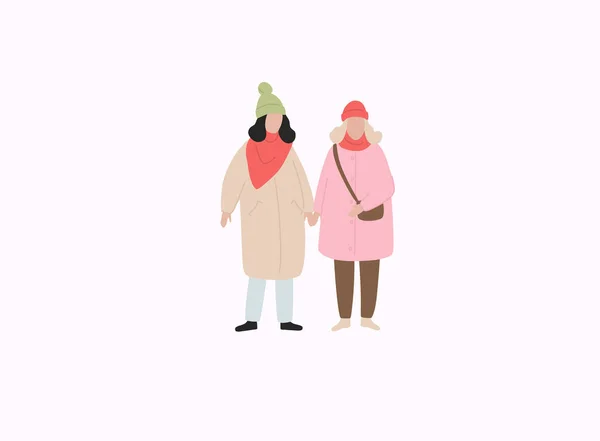Paar Mädchen Warmer Kleidung Flache Vektorillustrationen Wintersaison Outdoor Termin — Stockvektor