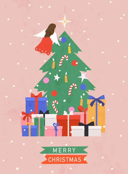 Vrolijk Kerstfeest Gelukkig Nieuwjaar Kerstboom Met Versieringen Engeltje Erop Cadeaudozen — Stockvector