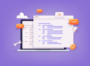 Web sitesi programlama ve kodlama. Web geliştirme ve kodlama. 3B Vektör Resimleri.