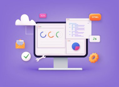 Web sitesi programlama ve kodlama. Web geliştirme ve kodlama. 3B Vektör Resimleri.