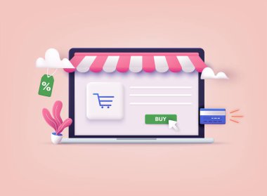 Çevrimiçi alışveriş. Grafiksel öğeler, işaretler, semboller tasarla. Mobil pazarlama ve dijital pazarlama. 3B Web Vektör Resimleri.