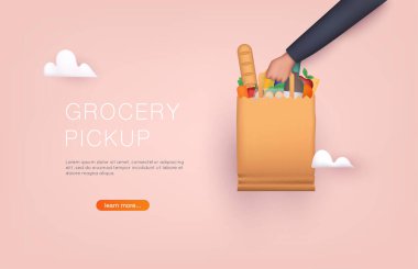 İnternetten alışveriş sipariş et. Yemek süpermarketinde toplanma noktası. Güvenli alışveriş. 3B Web Vektör Resimleri. 