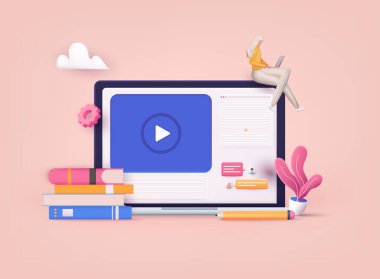 İnternet sitesinde online eğitim. Uygulama öğrenimi. Sayfaları açık bilgisayar. 3B Vektör Resimleri.