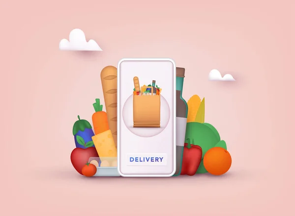 网上购物 送货服务 网上订购食品 电子商务 3D矢量图解 — 图库矢量图片