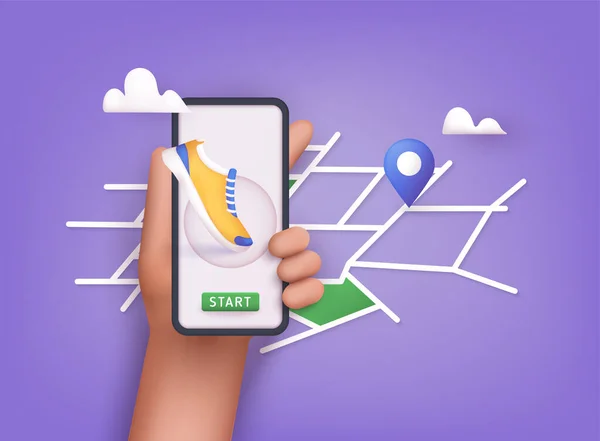 ルートが表示されたトラックと携帯電話のスマートフォンアプリを保持手 ベクトルフィットネスルート追跡コンセプトイラスト 3Dベクトルイラスト — ストックベクタ