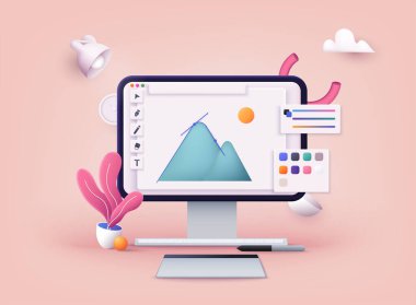 Vektör tasarım programı ile bilgisayar görüntüsü. 3B Web Vektör Resimleri.