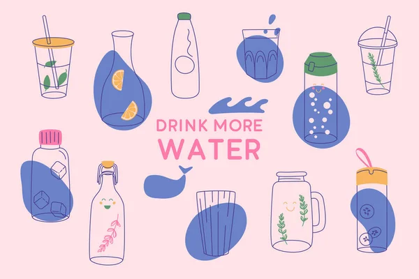 もっと水のバナーを飲む 魔法瓶やプラスチック製のマグカップ ガラス瓶の中の水 — ストックベクタ