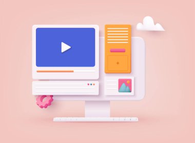 Çevrimiçi video. Uzaklık eğitimi, yayın, web sitesi, konferans videoları. 3B Web Vektör Resimleri.