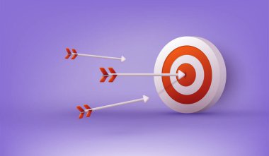 Okçuluk hedefi ve ok. Spor oyunu ve iş için tasarım. 3B Web Vektör Resimleri.