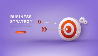 İş stratejisi. İniş sayfası şablonu. İş analizi, içerik stratejisi ve yönetim konsepti. 3B Vektör Resimleri.