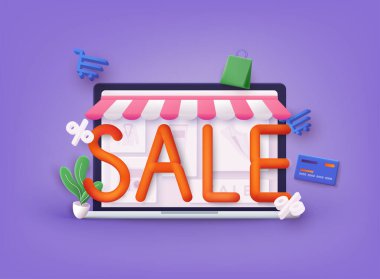 İnternetten alışveriş konsepti. 3D Web Vektör Resimleri. 3D biçimlendirmeli indirimli pankart tasarımı.