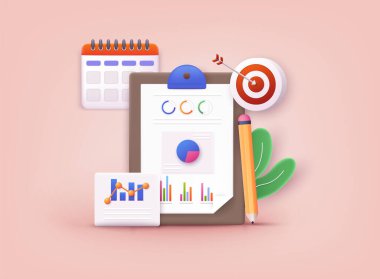 İş stratejisi. İniş sayfası şablonu. İş analizi, içerik stratejisi ve yönetim konsepti. 3B Web Vektör Resimleri.