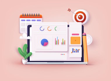 İş stratejisi. İniş sayfası şablonu. İş analizi, içerik stratejisi ve yönetim konsepti. 3B Web Vektör Resimleri.