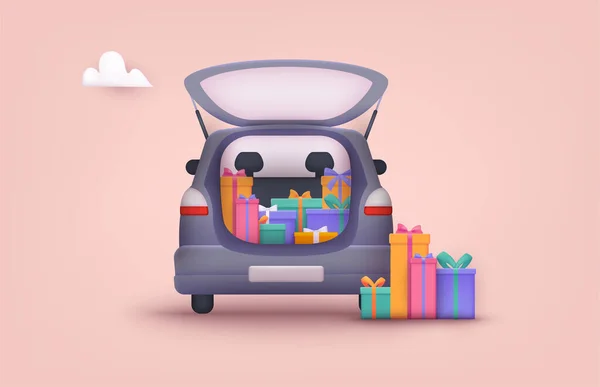 Відкритий Автомобільний Багажник Заповнений Подарунковими Коробками Веб Векторні Ілюстрації — стоковий вектор