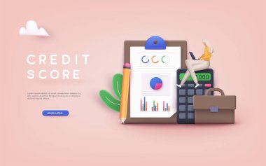 Kredi puanı konsepti. Sunum için kişisel kredi puanı bilgileri, web sayfası. 3B Web Vektör Resimleri. 