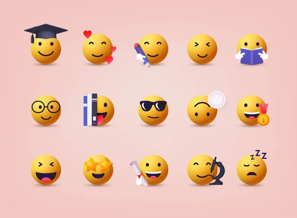 Big Set Ikon Senyum Emoticon Pendidikan Emoji Kartun Siap Ilustrasi - Stok Vektor