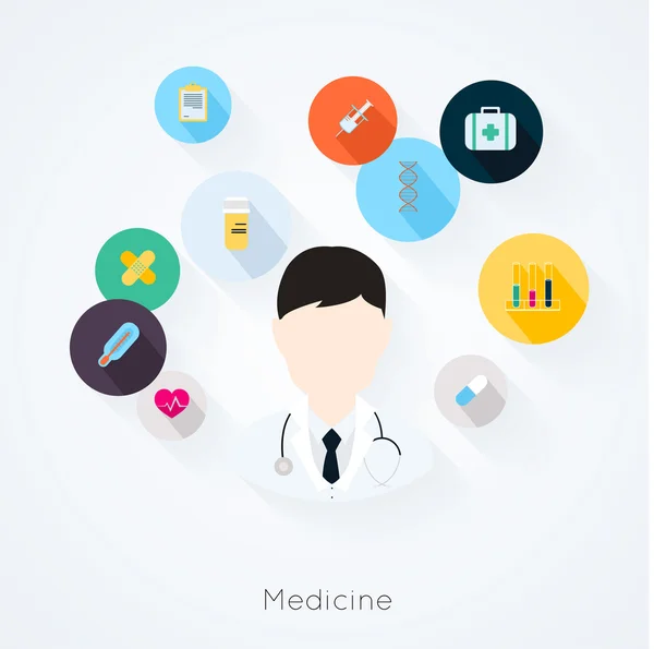 Personagem médico com ícones de medicina . — Vetor de Stock