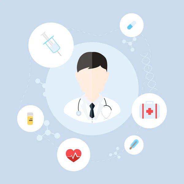 Docteur personnage avec des icônes de médecine . — Image vectorielle