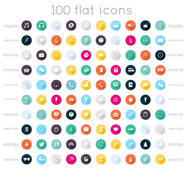Set van 100 plat pictogrammen — Stockvector