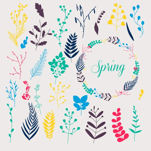 Collection of spring flowers and leaves — Stock Vector