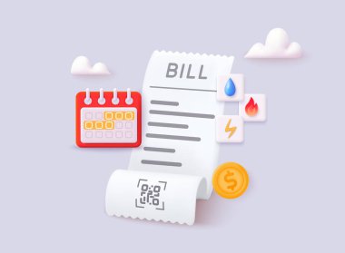 Utility payment concept with receipt, calendar and energy icons  electricity, gas, and water bills. 3D Vector Web Illustration