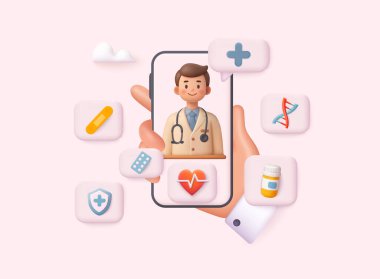 Online medical consultation and telemedicine concept with doctor on smartphone screen. 3D Vector Web Illustration.
