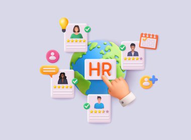 HR and global recruitment concept with hand pointing to candidates around the globe. 3D Vector Web Illustration.