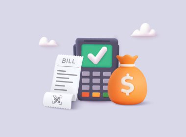 Financial payment and billing concept with POS terminal and money bag. 3D Vector Web Illustration.