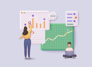 Business analytics and growth chart with team analyzing data. Marketing strategy concept. 3D Vector Web Illustration.