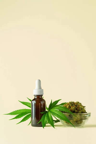 Glass Bottle Cbd Thc Oil Hemp Medical Cannabis Plant Leaves — Stock Photo, Image