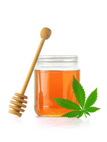 Glass Jar Filled Medical Marijuana Infused Honey Dipper Cannabis Leaf — Stock Photo, Image