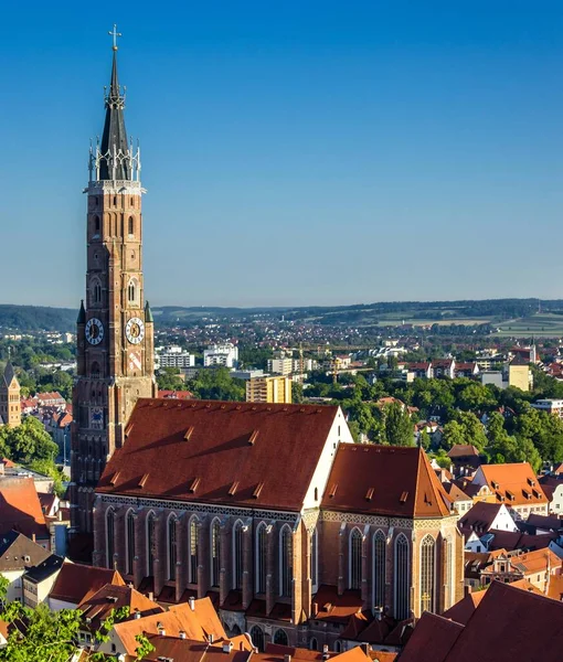 High resolution stitched panorama of the beautiful church Saint Martin and Kastulus - the tallest brick tower in the world - on a sunny day in summer at Landshut, Bavaria, Germany