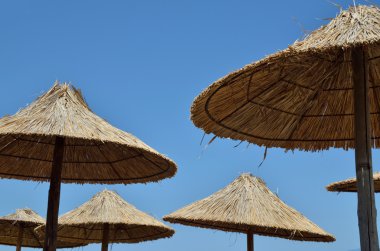 hasır plaj şemsiyeleri ve mavi gökyüzü