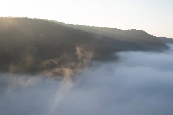 Bergtoppen Met Naaldbomen Die Door Wolken Breken — Stockfoto