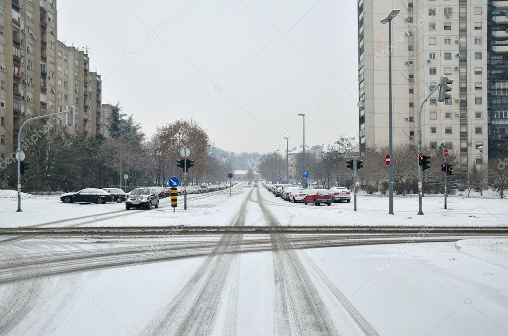 City Crossroad Covered With Snow
