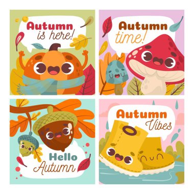 elle çizilmiş sonbahar kartı koleksiyonu vektör tasarımı illüstrasyonu