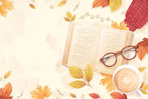 Flachen Herbstlichen Hintergrund Mit Buchbrille Vektor Design Illustration — Stockvektor