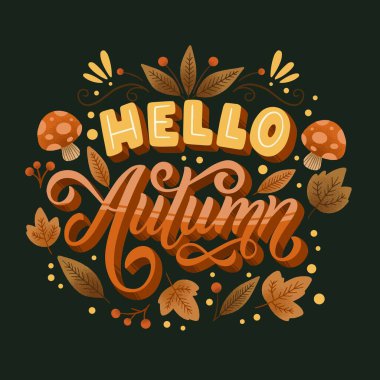 Yapraklı sonbahar harfleri mantar vektör tasarımı çizimi