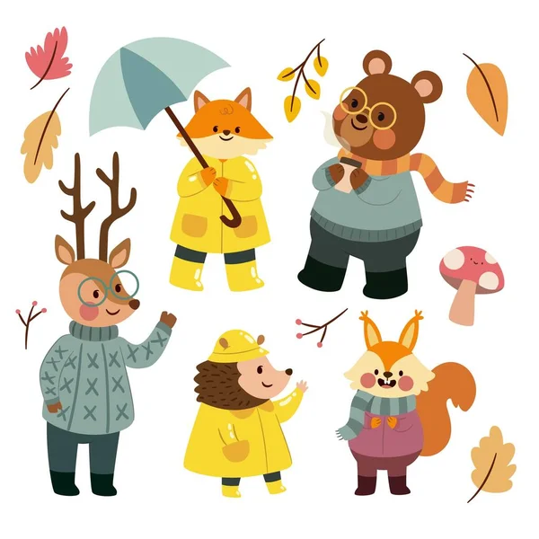 Flach Herbst Wald Tiere Sammlung Vektor Design Illustration — Stockvektor