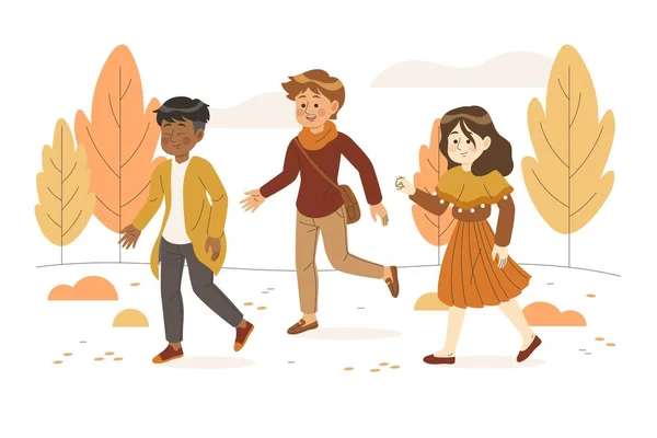 Pessoas Caminhando Outono Desenho Vetor Ilustração — Vetor de Stock